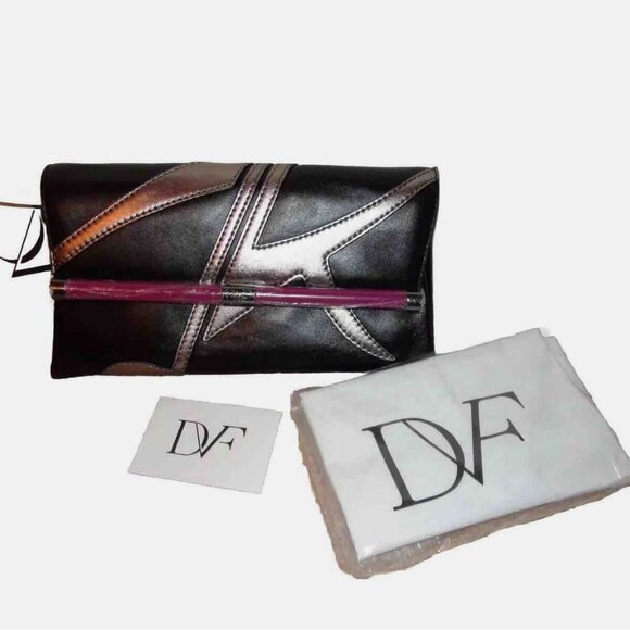Diane Von Furstenberg 440 Black Silver Leather Envelope Clutch Bag Purse